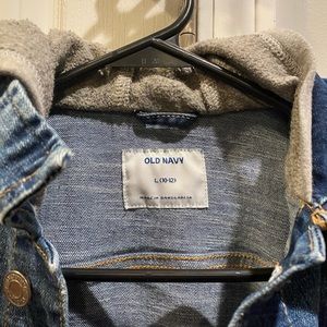Boys Jean jacket with grey hood, size L (10-12), Old Navy